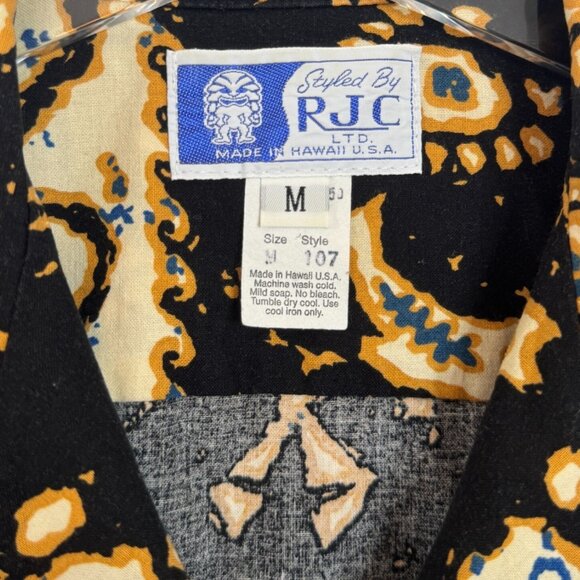 VTG RJC Hawaiian Shirt Mens M Tribal Print Black Cream Short Sleeve Aloha - Picture 8 of 9
